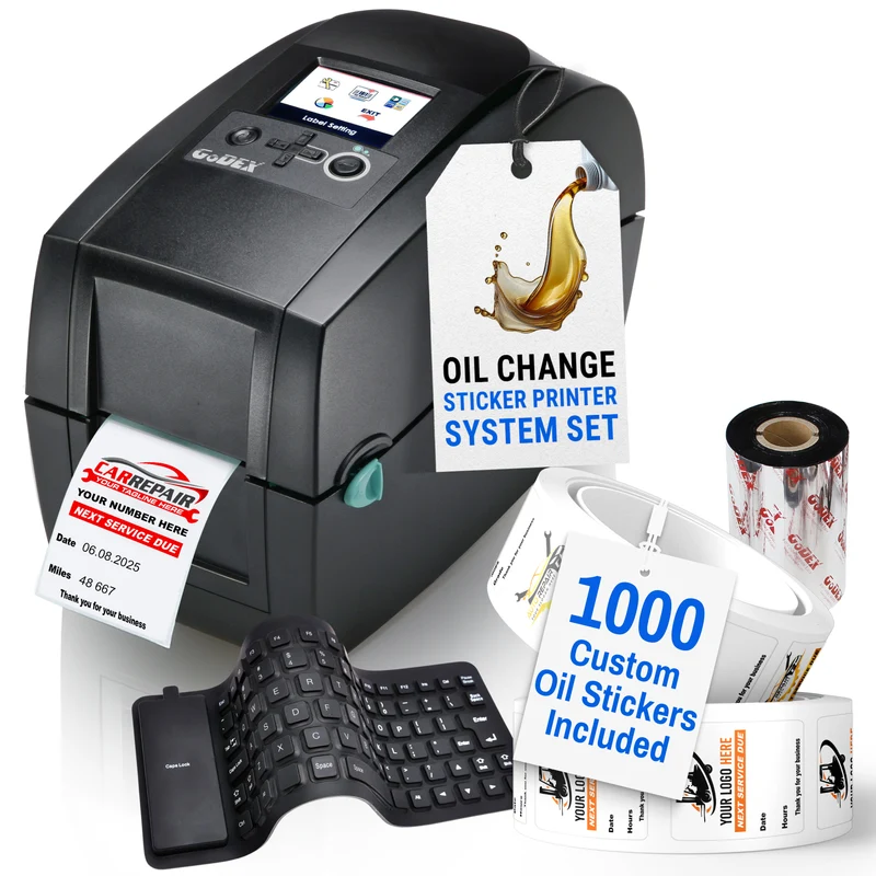 Oil Change Sticker Printer System – Preloaded with 1000 Custom Labels, Ribbon & Standalone Keyboard