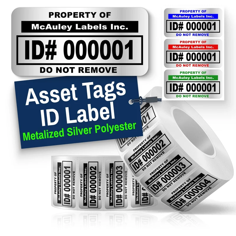 Custom Asset Tags for Equipment - Numbered, Permanent, Adhesive, Metallized Silver - ID Label