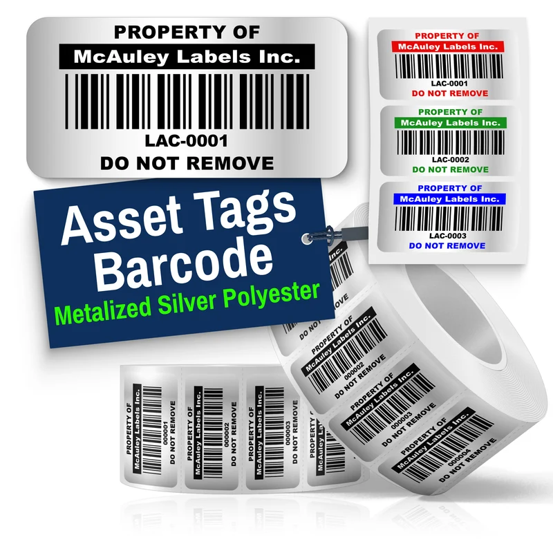 Custom Asset Tags for Equipment – Numbered, Permanent, Adhesive, Metalized Silver - Barcode Label