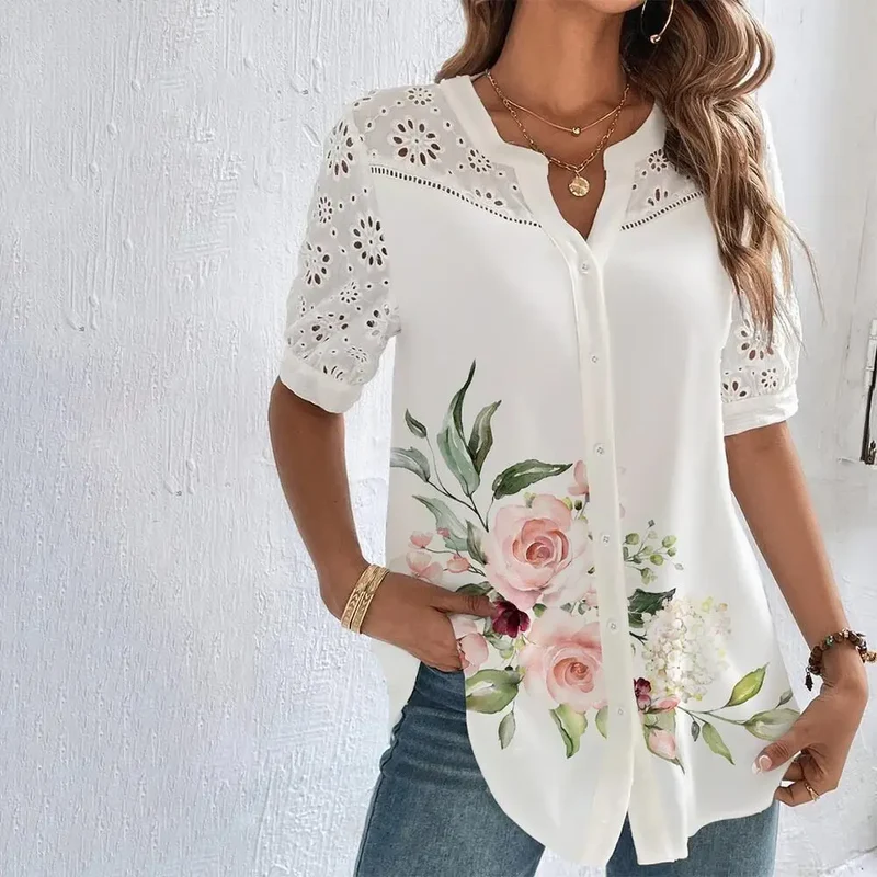 Blouse Décontractée en Dentelle – Manches Courtes