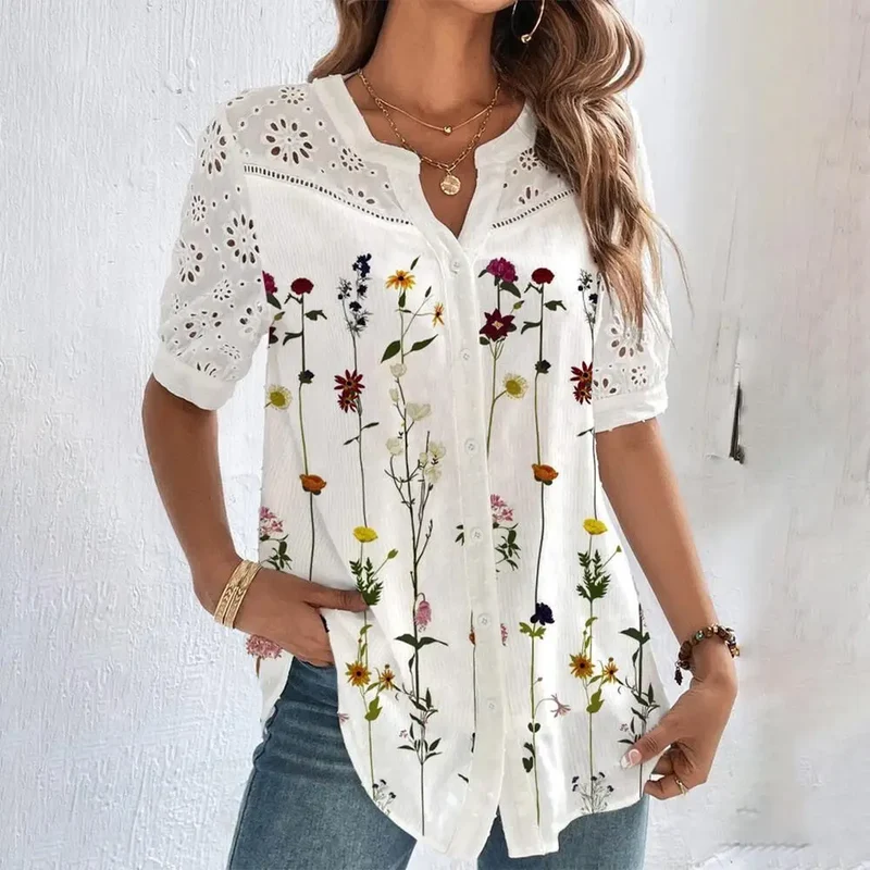 Blouse Décontractée en Dentelle – Manches Courtes