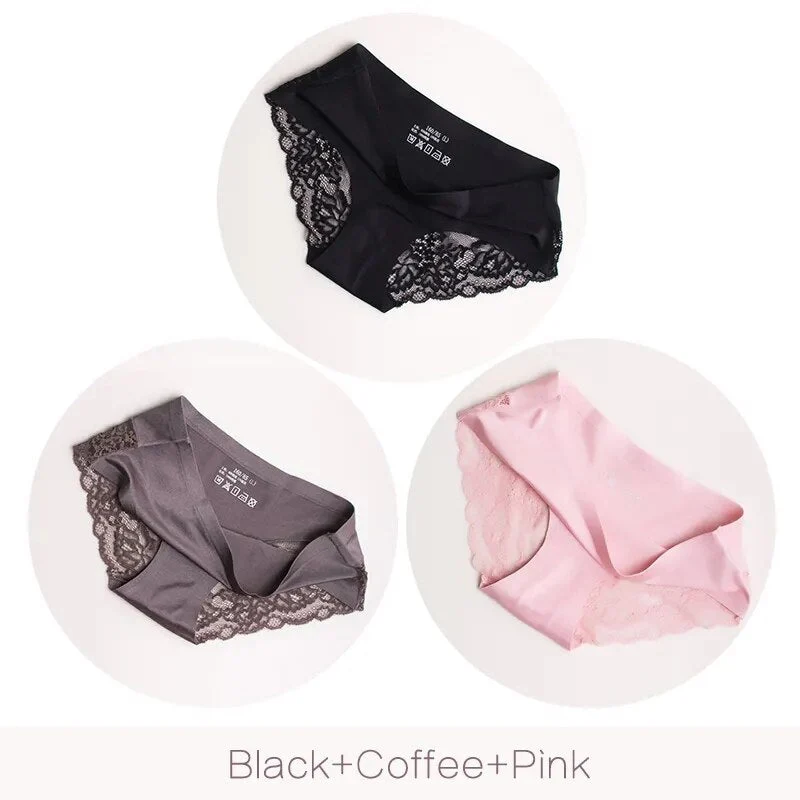 Lot de 3 Culottes en soie glacée invisibles avec dentelle