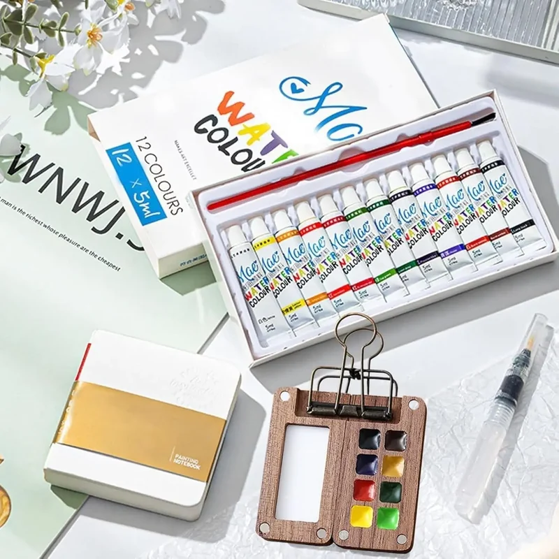 Kit d'Aquarelle de Voyage Complet - Carnet, Palette, Pinceau, Pince & Peinture