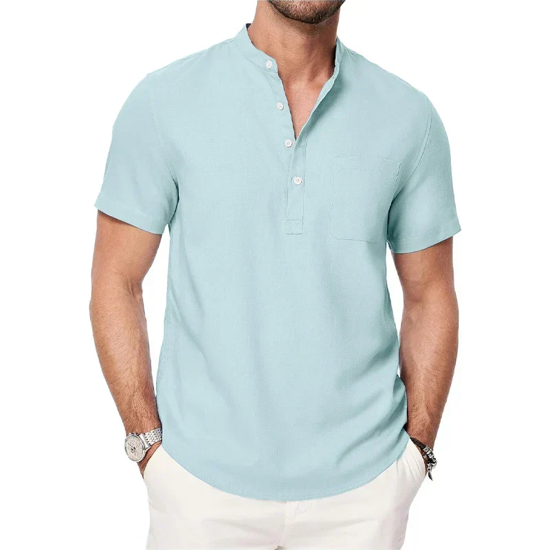 T-shirt Style Chemise à Col Mao avec Poche