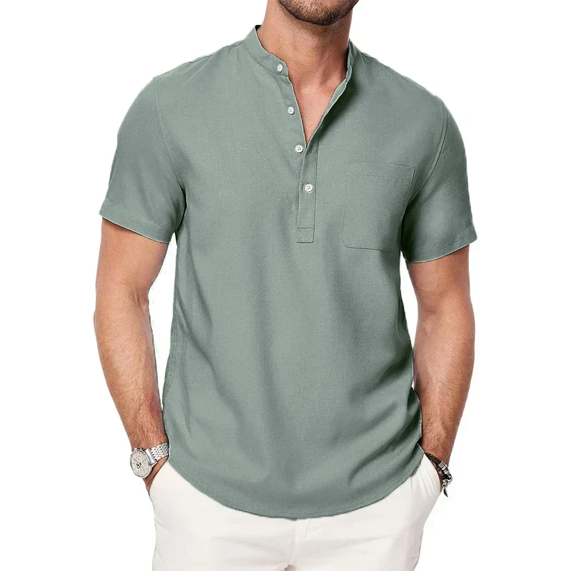 T-shirt Style Chemise à Col Mao avec Poche