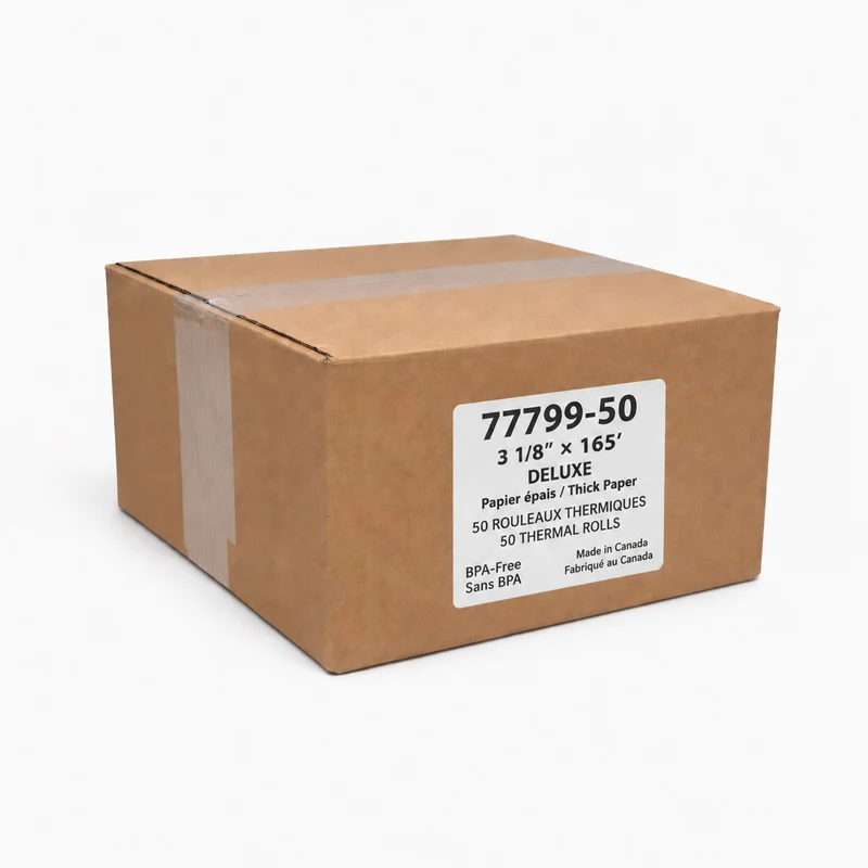 Papier thermique 3 1/8 × 165 pi, 80 g/m², sans BPA et sans mandrin — 50 rouleaux