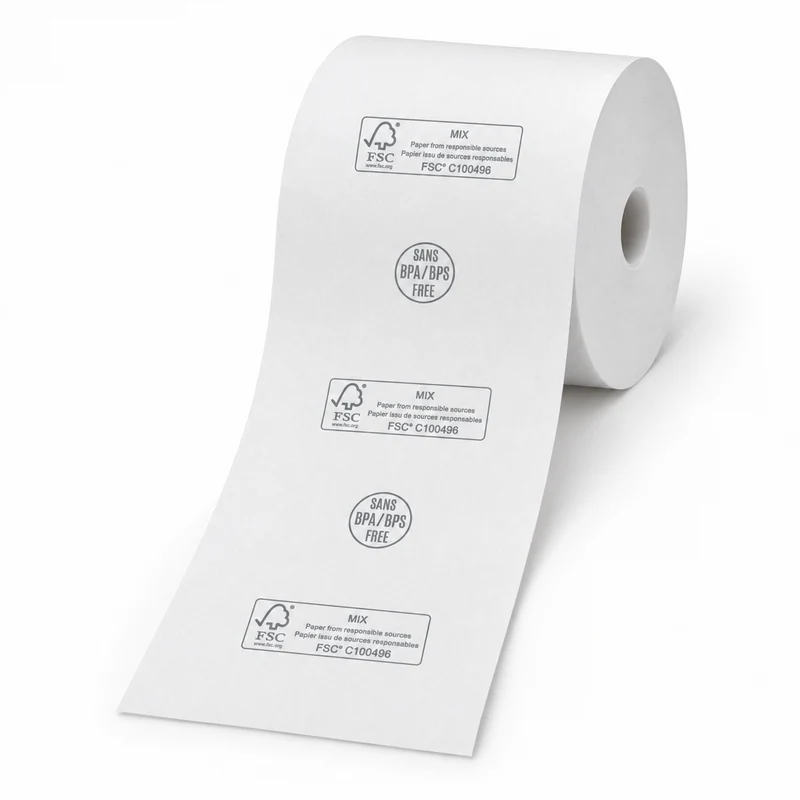 Papier thermique 3 1/8 × 270 pi sans phénol préimprimé FSC coreless — 50 rouleaux