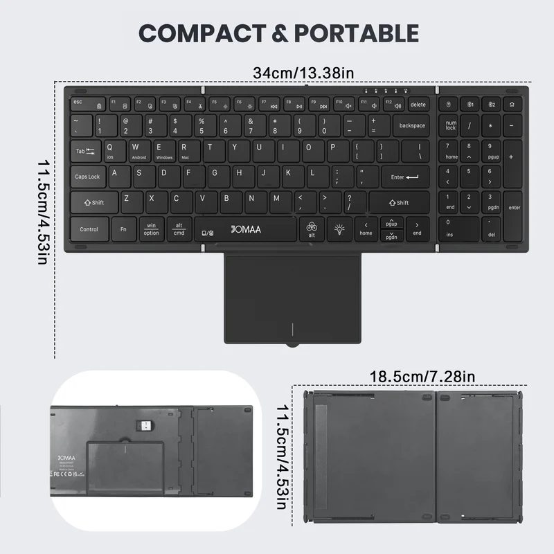Clavier Bluetooth Pliable avec Pavé Tactile - Ultra Compact, Rechargeable, Compatible PC, Mac, Android & iOS