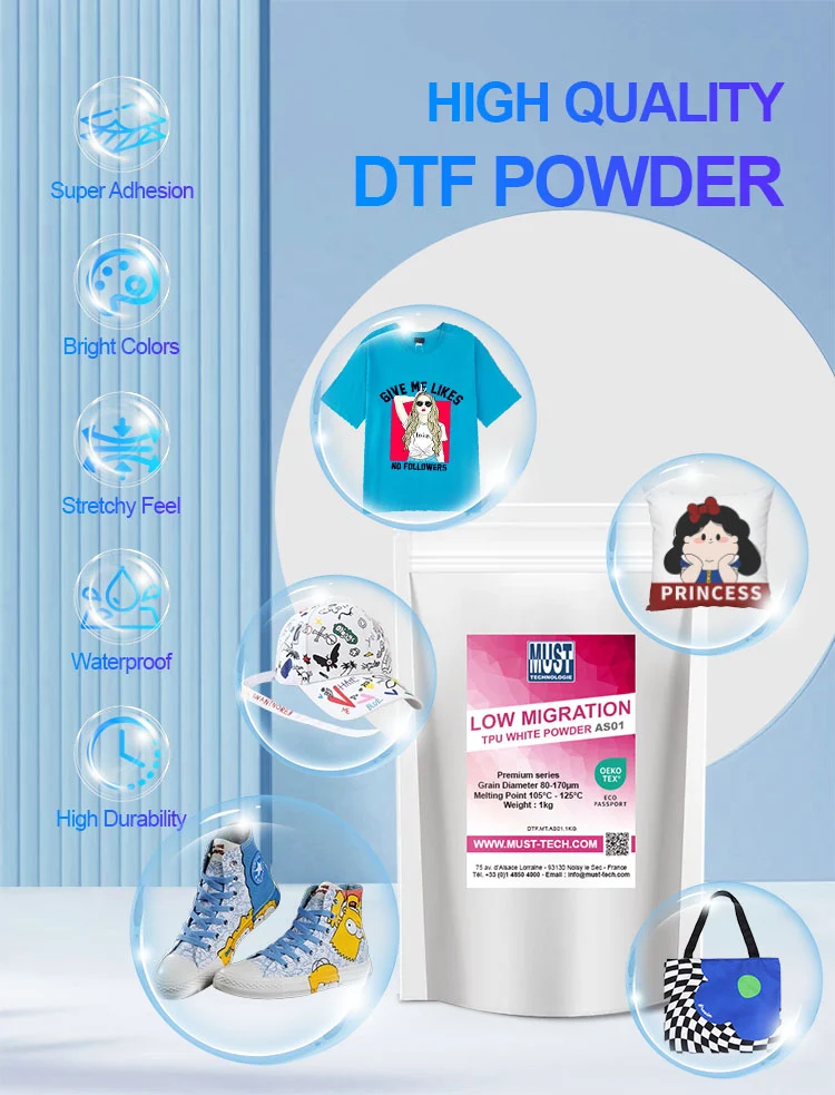 Lot de 4x TPU DTF 1kg AS01 - Poudre de Transfert - Faible migration de teinture sur tissus Polyester - Résistante au lavage à 60°C
