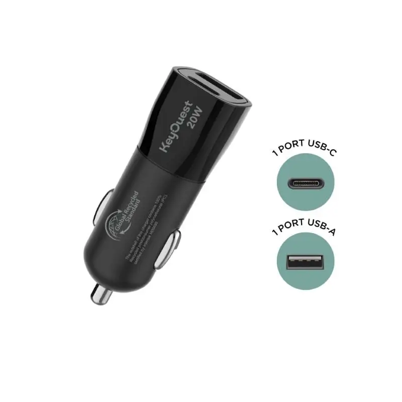 Chargeur voiture eKOgreen recyclé 2 ports USB 18W / USB-C 20W - Noir