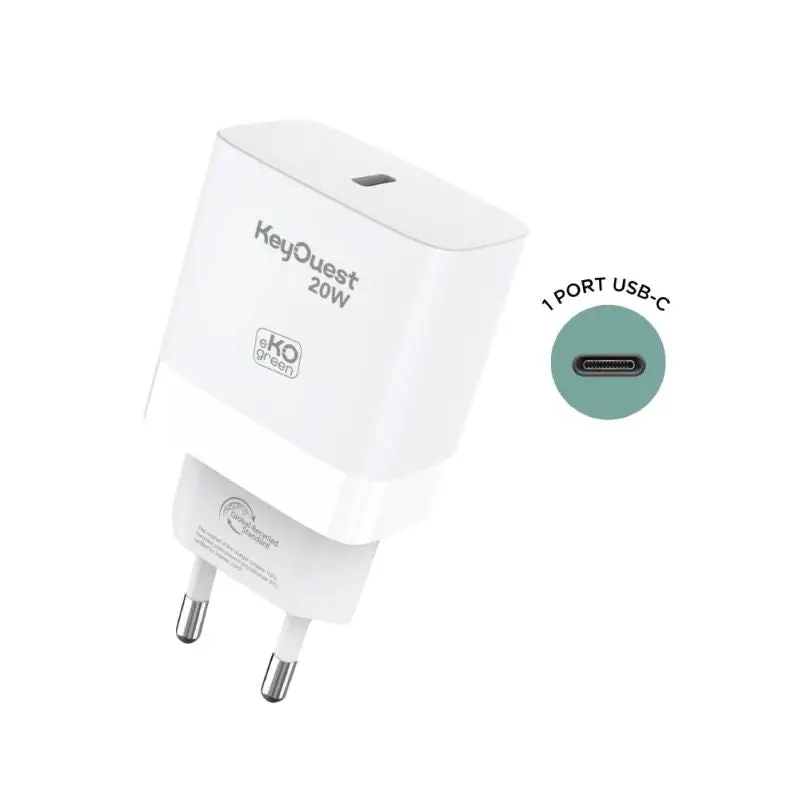 Chargeur Secteur eKOgreen recyclé 1 port USB-C 20W - Blanc