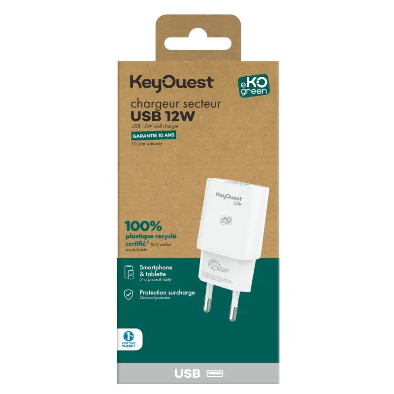 Chargeur Secteur eKOgreen recyclé 1 port USB 12W - Blanc