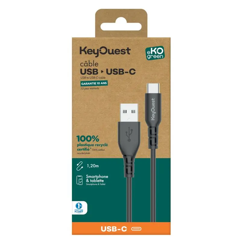 Câble eKOgreen recyclé USB-C 3A - 1.20m - Noir