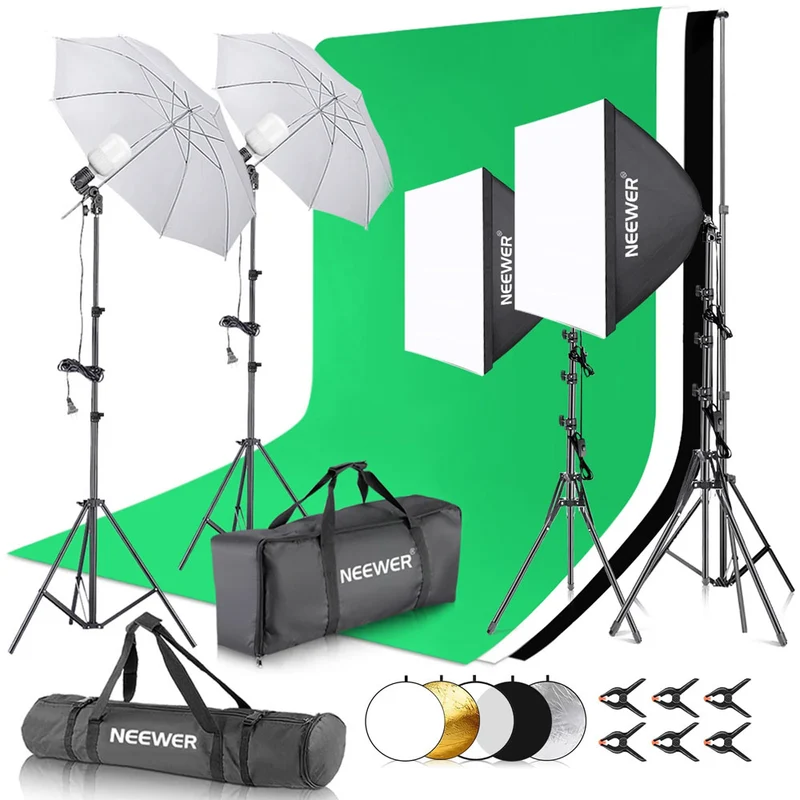 Ensemble de studio avec Fonds, Lumières, Boîtes de diffusion, Supports & Accessoires