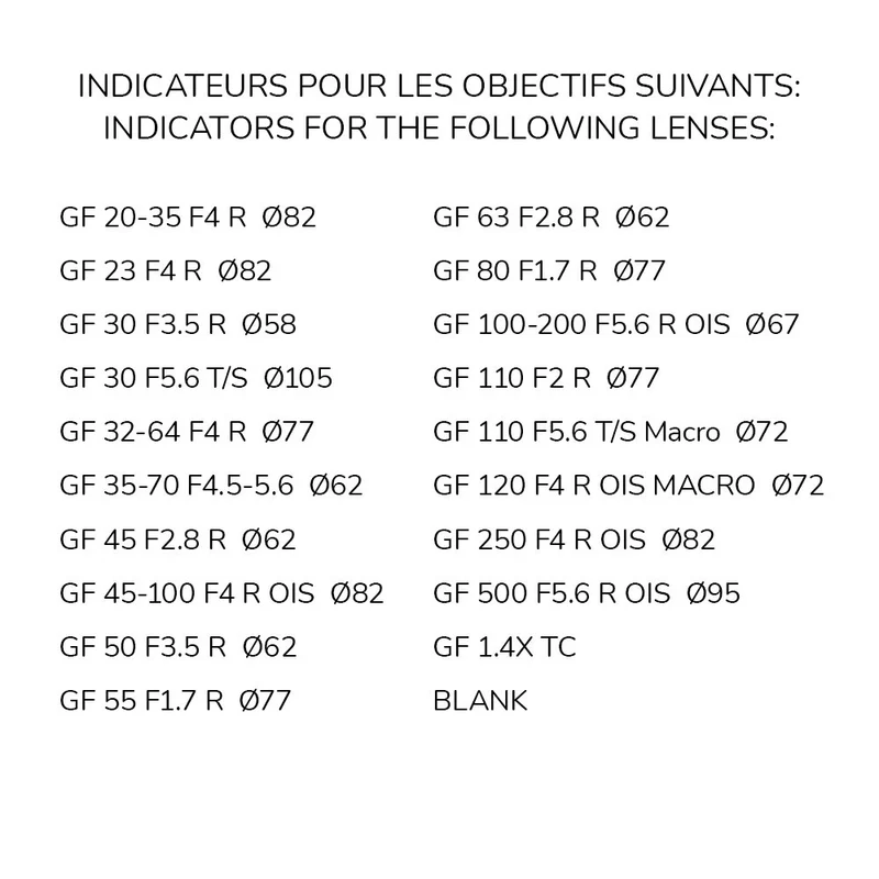 Indicateurs d'objectifs avant/arrière Fujifilm GF